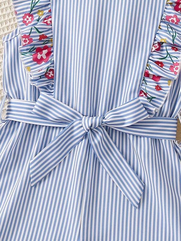 SHEIN Toddler Girls Striped & Floral Print Ruffle Trim Belted Romper