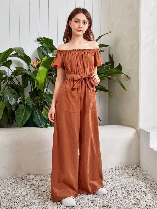 SHEIN Teen Girls Off Shoulder Belted Wide Leg Jumpsuit