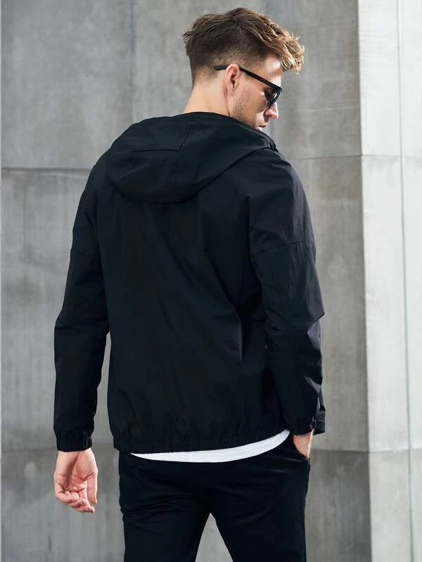 Men Drawstring Hooded Zip Up Jacket