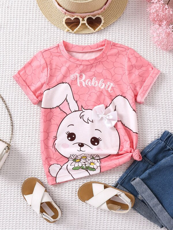 Toddler Girls Cartoon & Letter Graphic Bow Front Tee