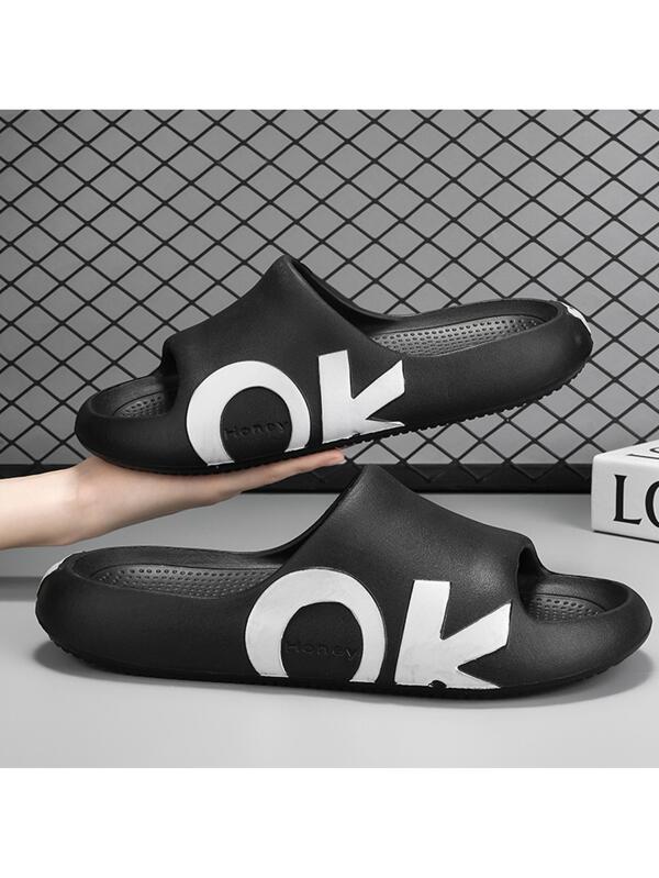 Men Non-slip Single Band Letter Graphic Slippers, Fashionable Outdoor EVA Slides