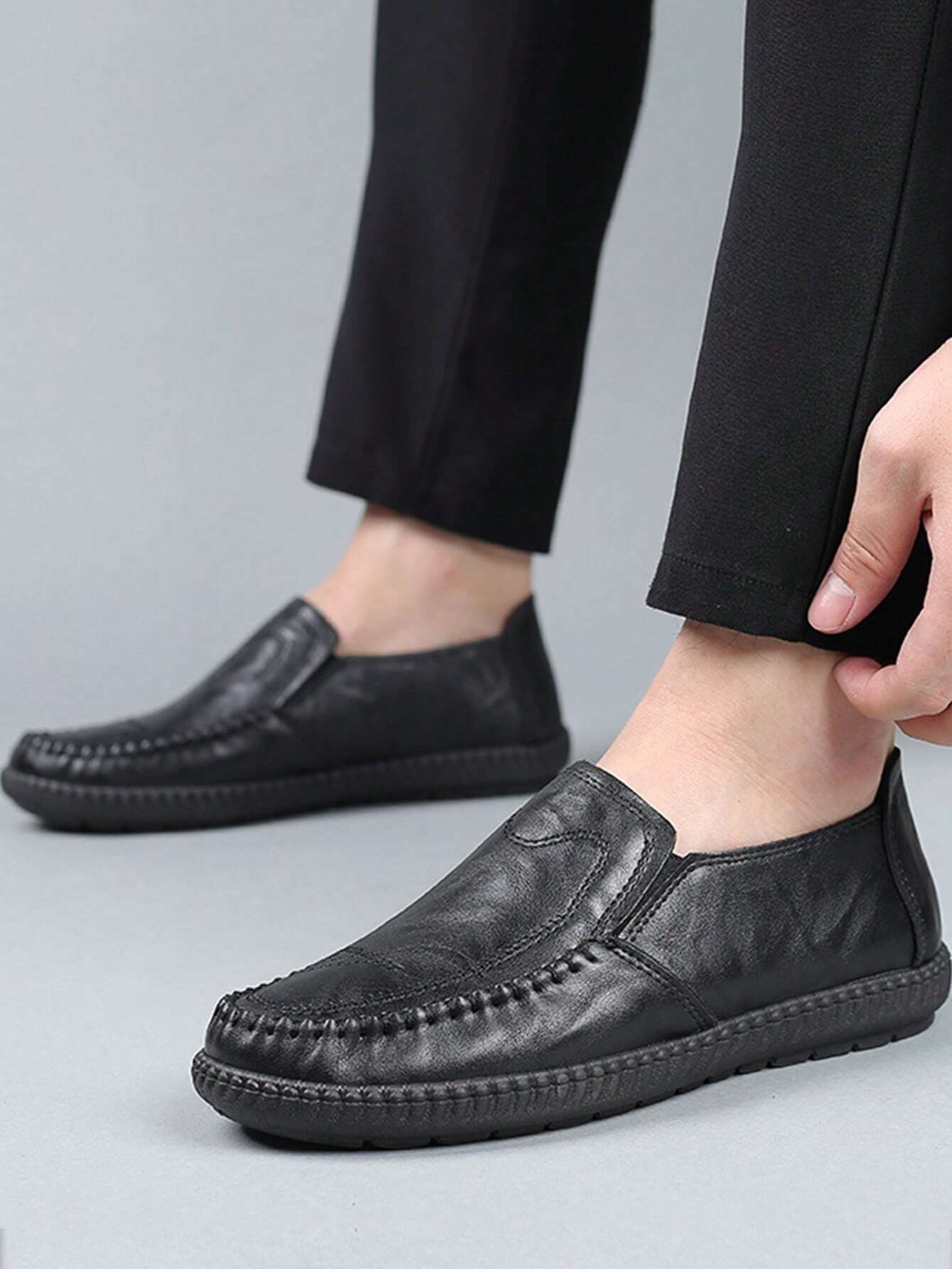 Men Stitch Detail Loafers, Leisure Black Casual Loafers