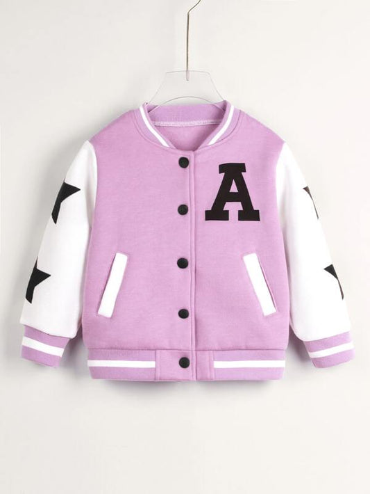 SHEIN Kids HYPEME Toddler Girls Star & Letter Graphic Two Tone Thermal Lined Varsity Jacket