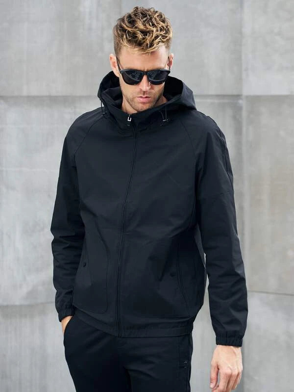 Men Drawstring Hooded Zip Up Jacket