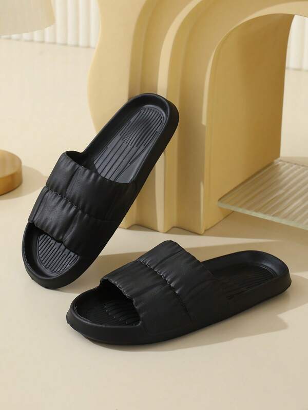 Cool Black Slides For Men, Texture Embossed Single Band EVA Slippers