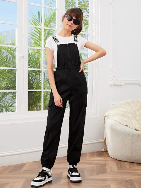 SHEIN Teen Girls Letter Graphic Flap Pocket Overall Jumpsuit Without Tee