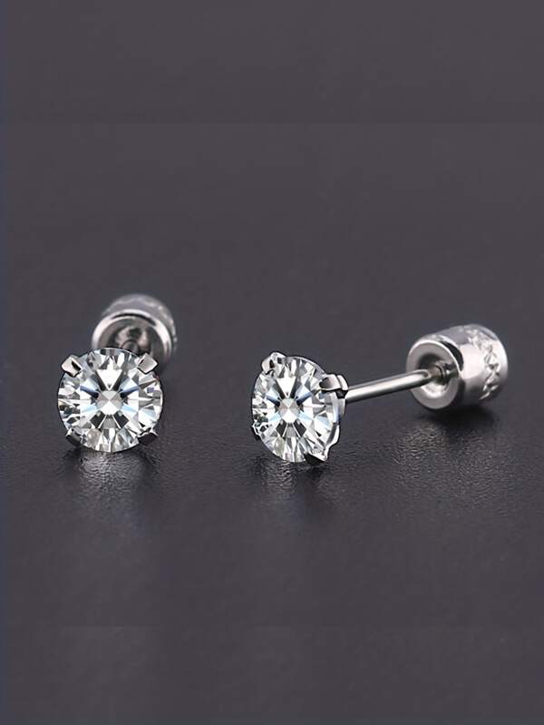 Screw Flat Back Cubic Zirconia Stud Earrings Men Stainless Steel Trendy Earrings For Women Silver Color Fashion Jewelry