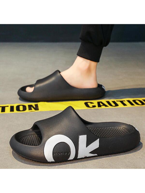 Men Non-slip Single Band Letter Graphic Slippers, Fashionable Outdoor EVA Slides