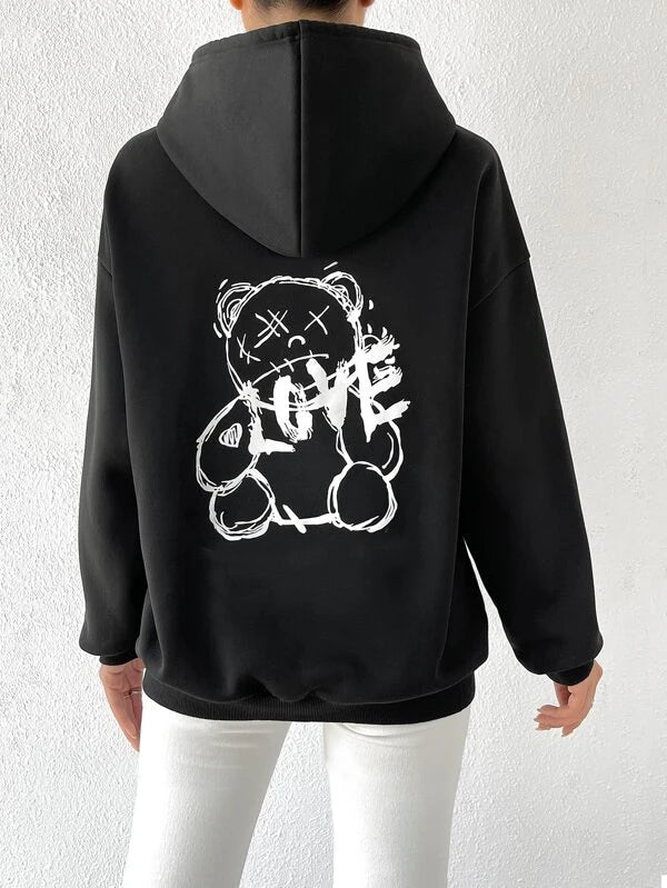 SHEIN Coolane Reflective Cartoon And Letter Graphic Kangaroo Pocket Drawstring Hoodie