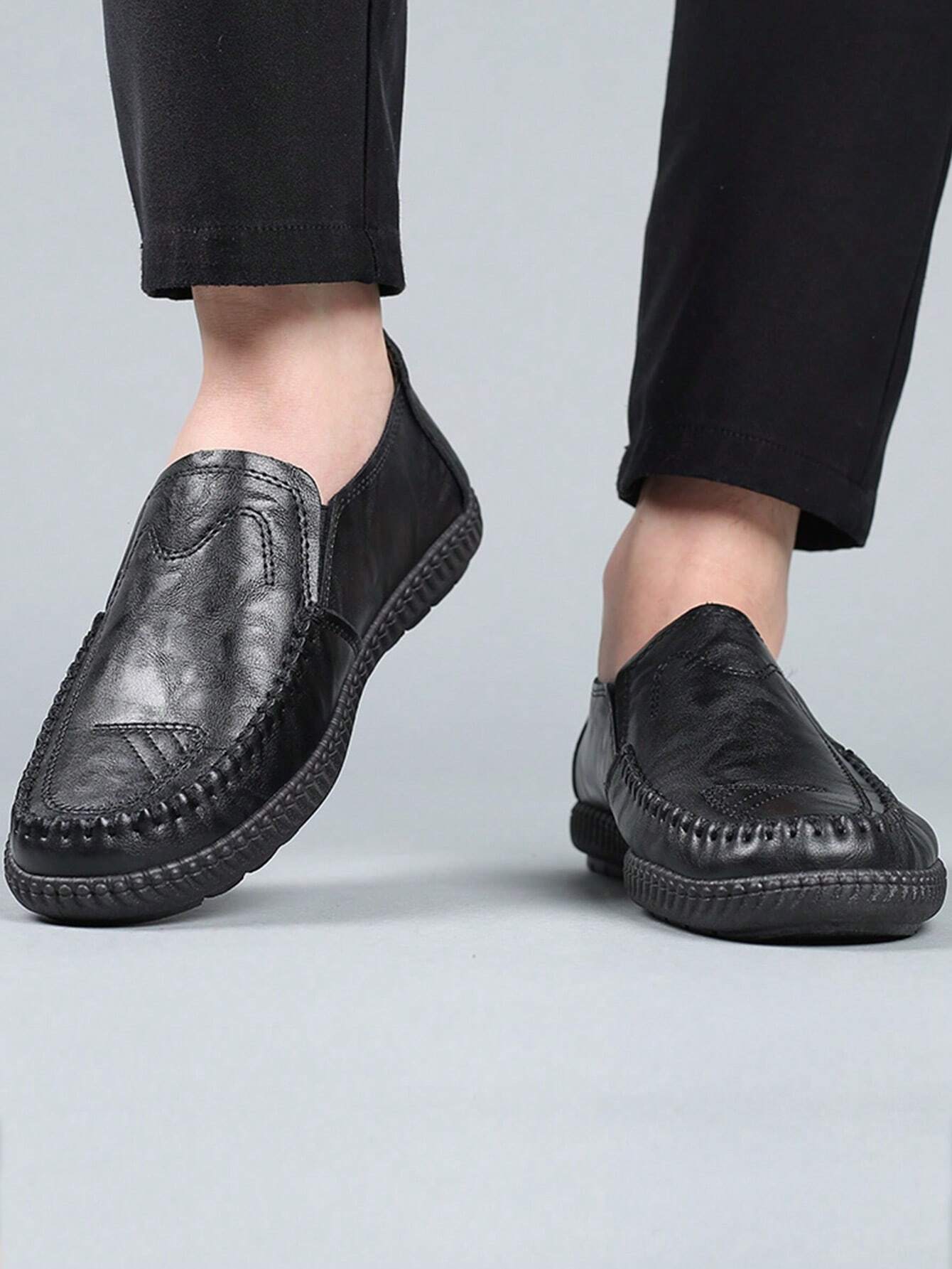 Men Stitch Detail Loafers, Leisure Black Casual Loafers