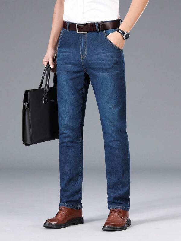 Men Slant Pocket Straight Leg Jeans Without Belt