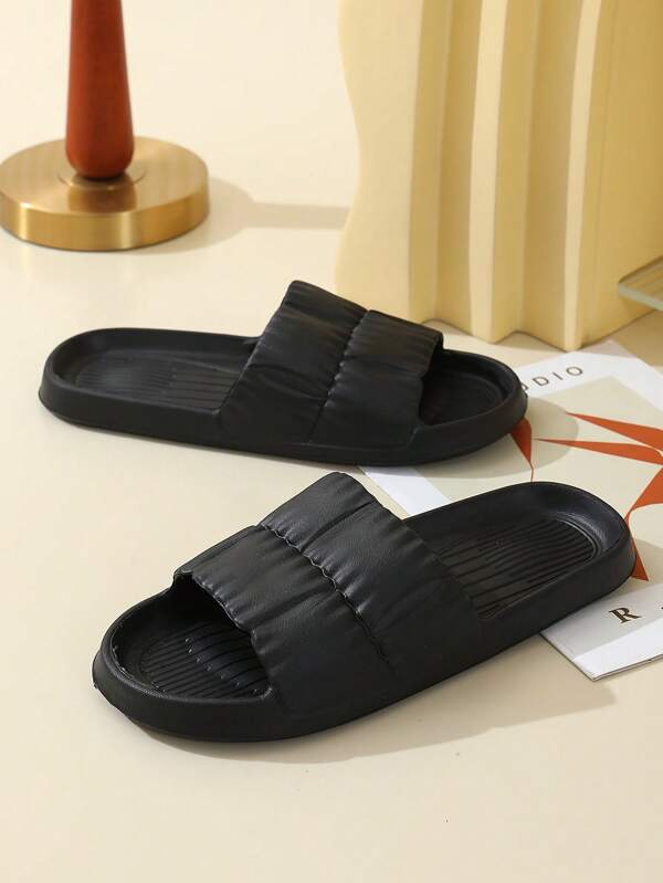 Cool Black Slides For Men, Texture Embossed Single Band EVA Slippers