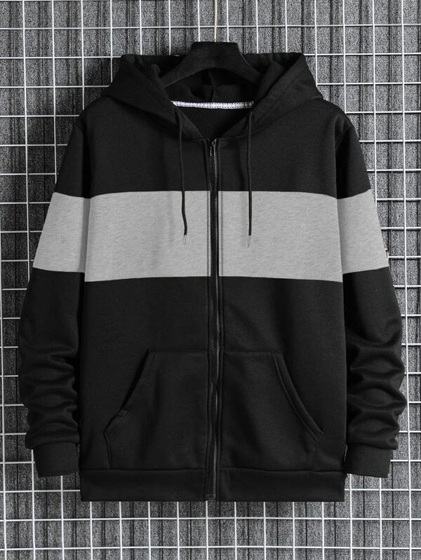 Men Colorblock Zip Up Thermal Lined Drawstring Hoodie