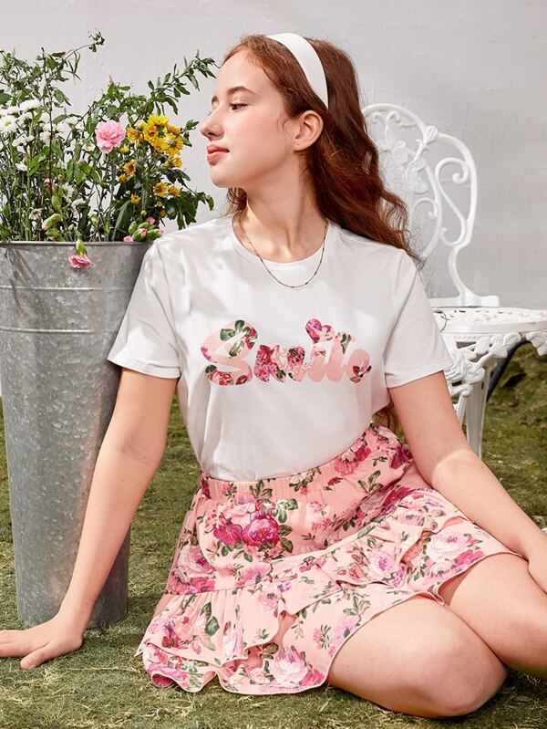 SHEIN Teen Girls Letter & Floral Print Tee and Ruffle Hem Skirt Set