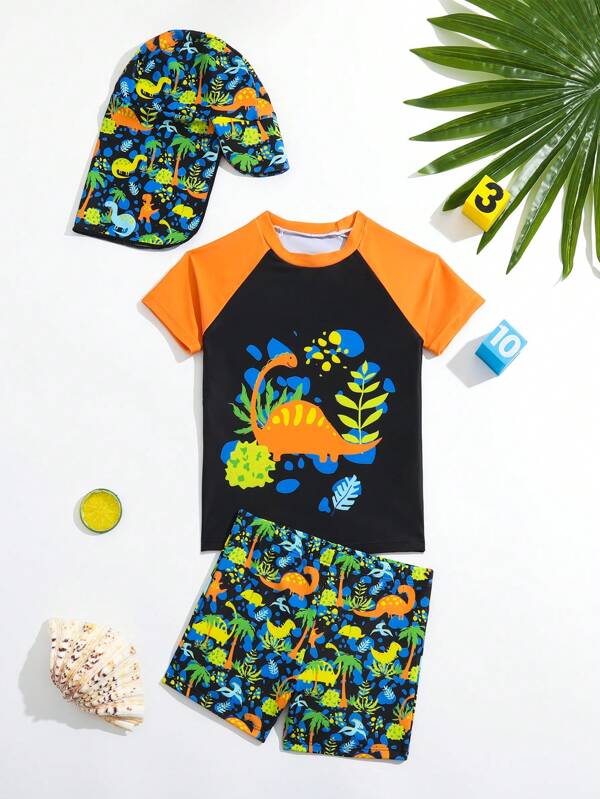 Young Boy Cartoon Graphic Beach Swimsuit With Swim Cap