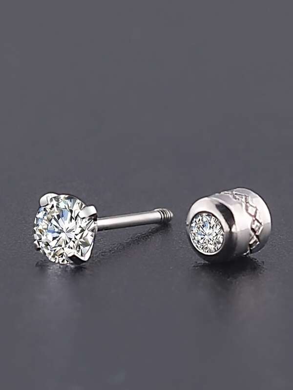 Screw Flat Back Cubic Zirconia Stud Earrings Men Stainless Steel Trendy Earrings For Women Silver Color Fashion Jewelry