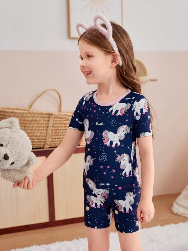 Toddler Girls Unicorn Print Contrast Binding Snug Fit PJ Set