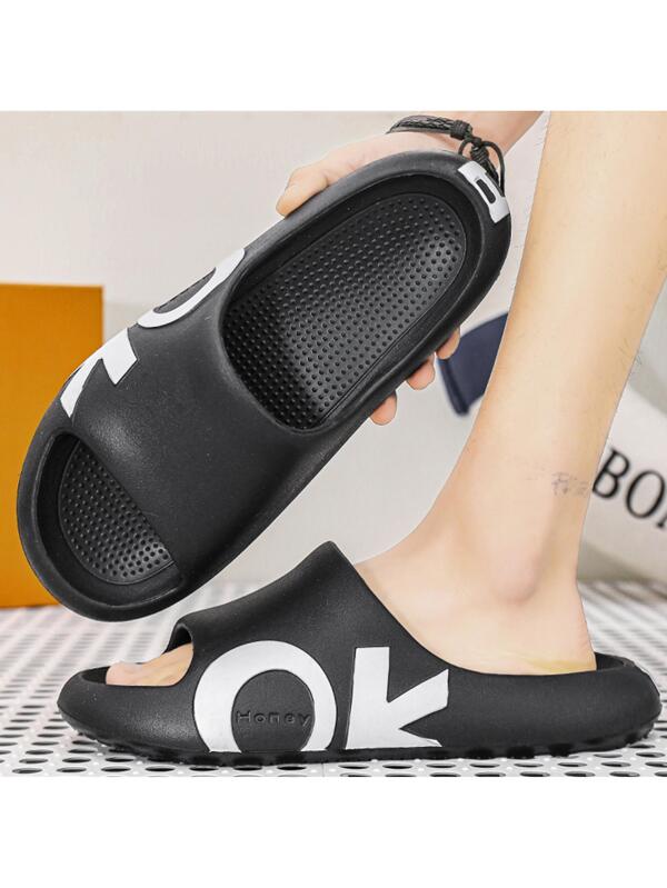 Men Non-slip Single Band Letter Graphic Slippers, Fashionable Outdoor EVA Slides