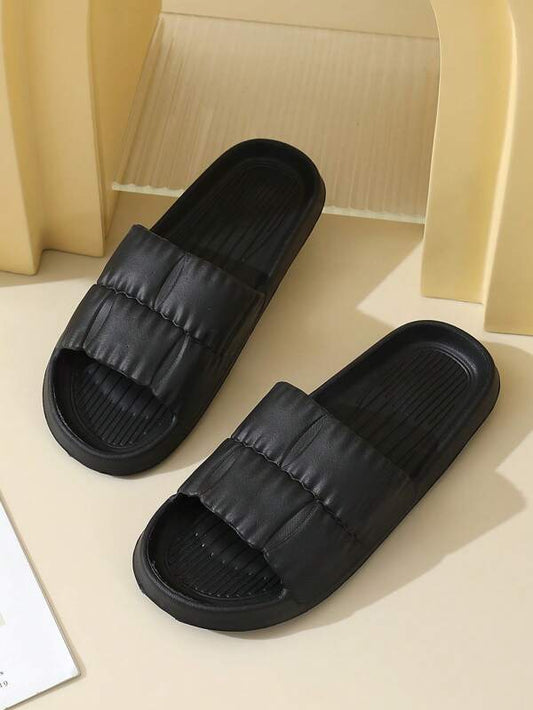 Cool Black Slides For Men, Texture Embossed Single Band EVA Slippers