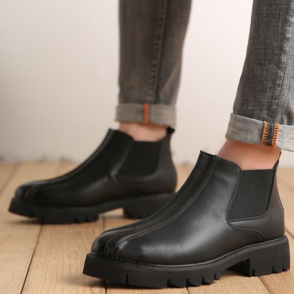 Men's Height Increasing Thick-soled Pu Leather Shoes, Fashion Chelsea Boots, Minimalist Solid Short Boots, Retro Motorcycle Boots, Outdoor Fashion Ankle Boots