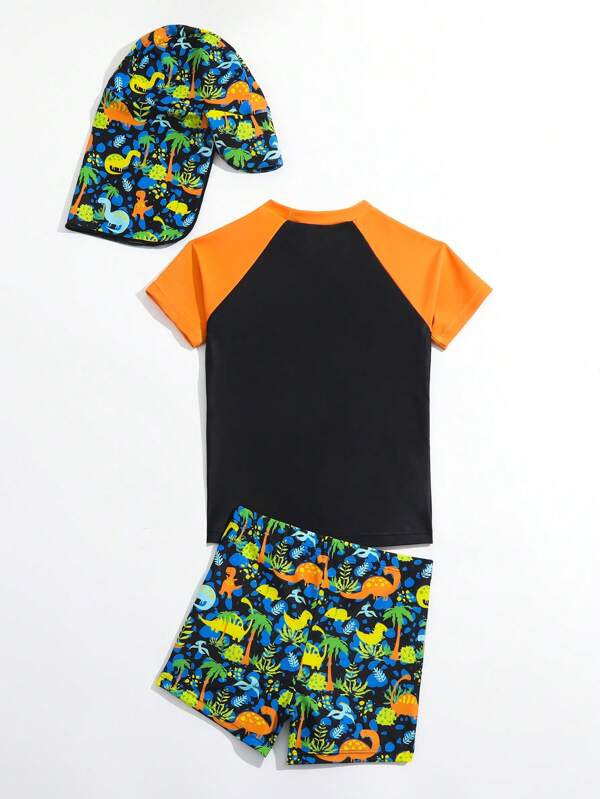 Young Boy Cartoon Graphic Beach Swimsuit With Swim Cap