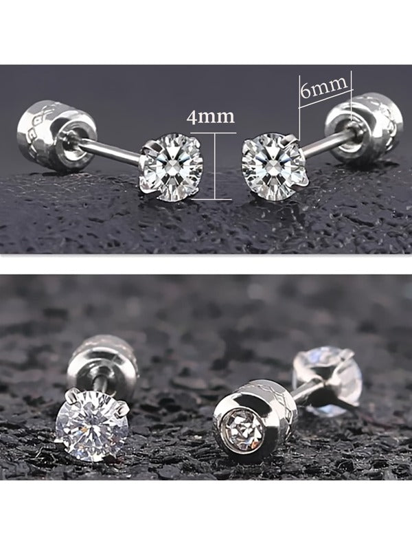 Screw Flat Back Cubic Zirconia Stud Earrings Men Stainless Steel Trendy Earrings For Women Silver Color Fashion Jewelry