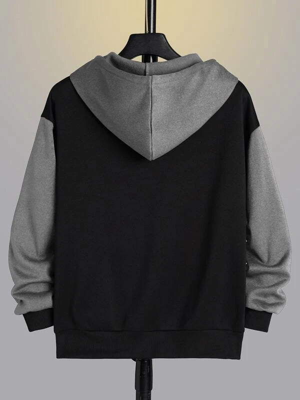 Men Colorblock Zip Up Thermal Lined Drawstring Hoodie Without Tee