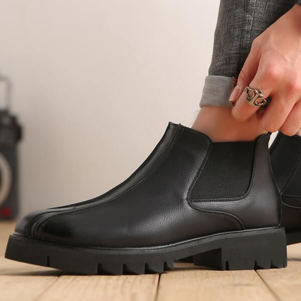 Men's Height Increasing Thick-soled Pu Leather Shoes, Fashion Chelsea Boots, Minimalist Solid Short Boots, Retro Motorcycle Boots, Outdoor Fashion Ankle Boots