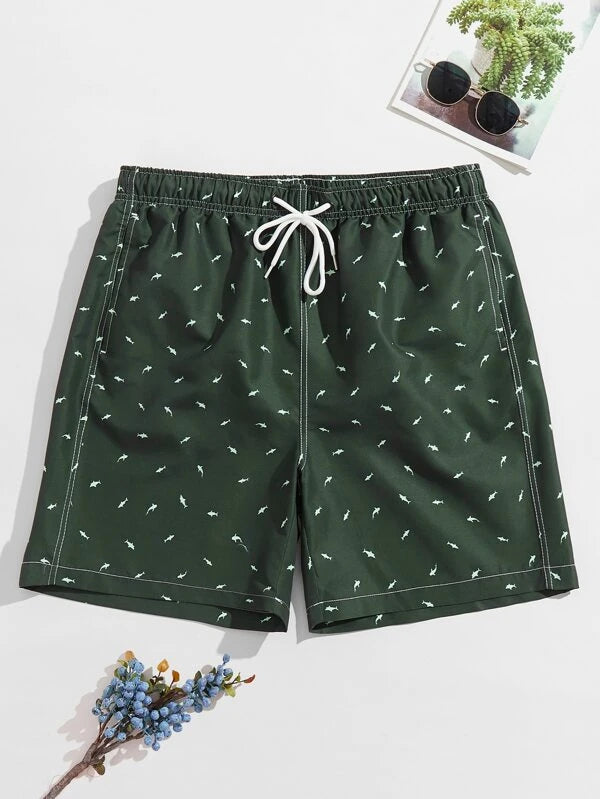 Men Allover Print Drawstring Swim Trunks