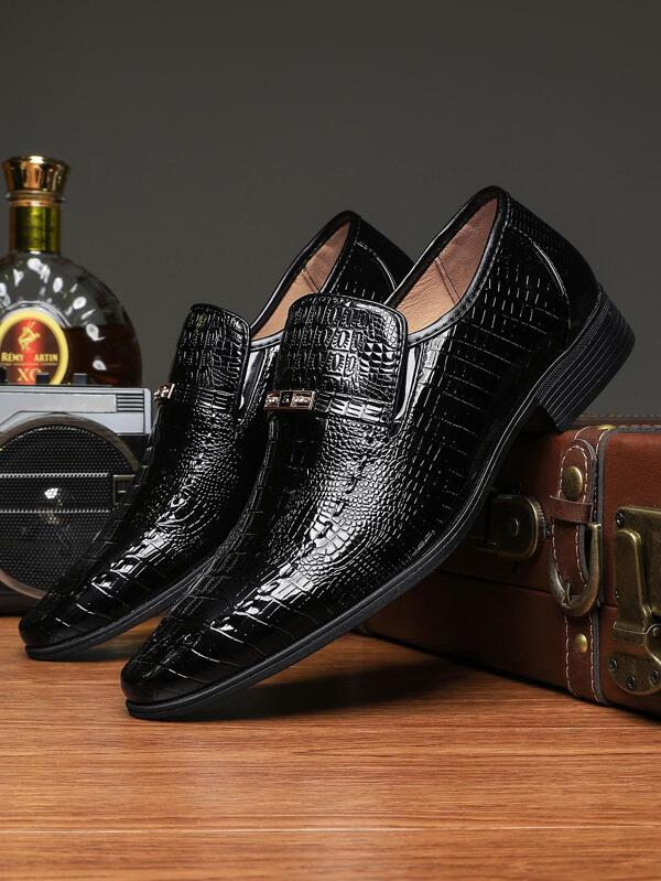 Men Crocodile Embossed Dress Shoes, Business Black Dress Loafers For Work