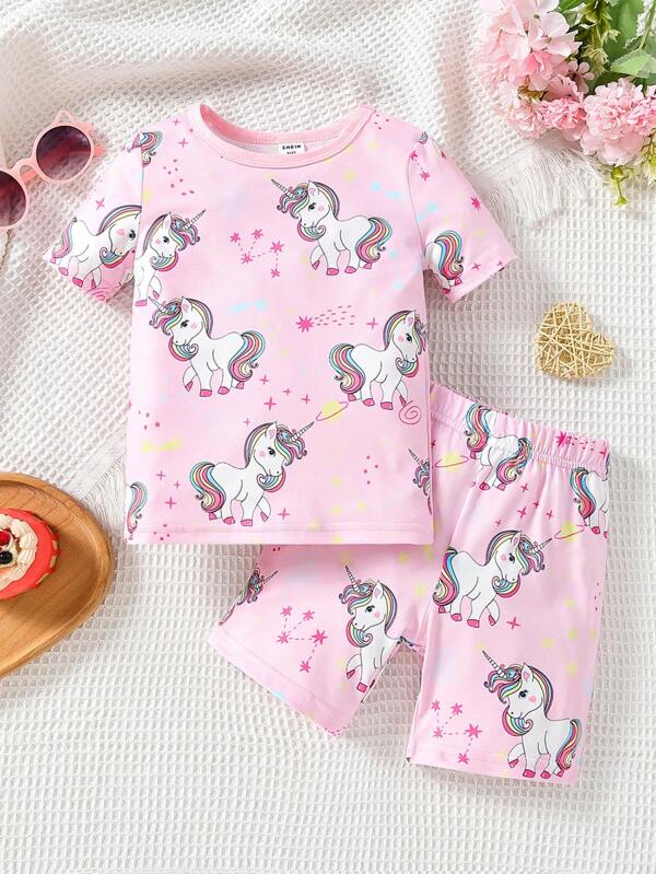 Toddler Girls Unicorn Print Contrast Binding Snug Fit PJ Set