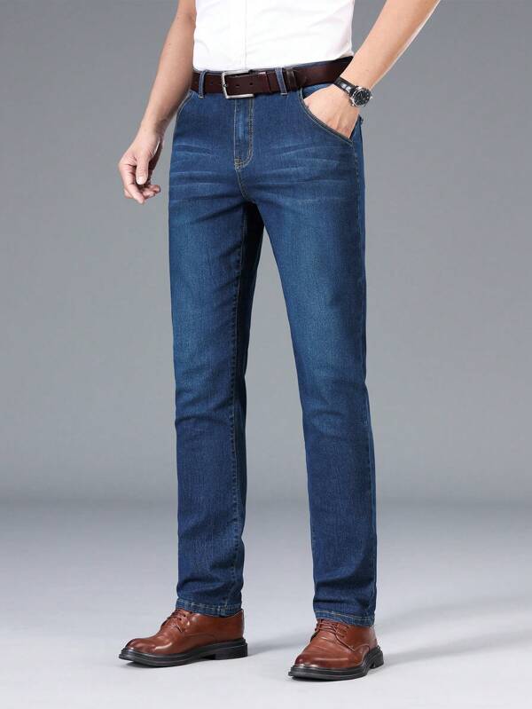 Men Slant Pocket Straight Leg Jeans Without Belt