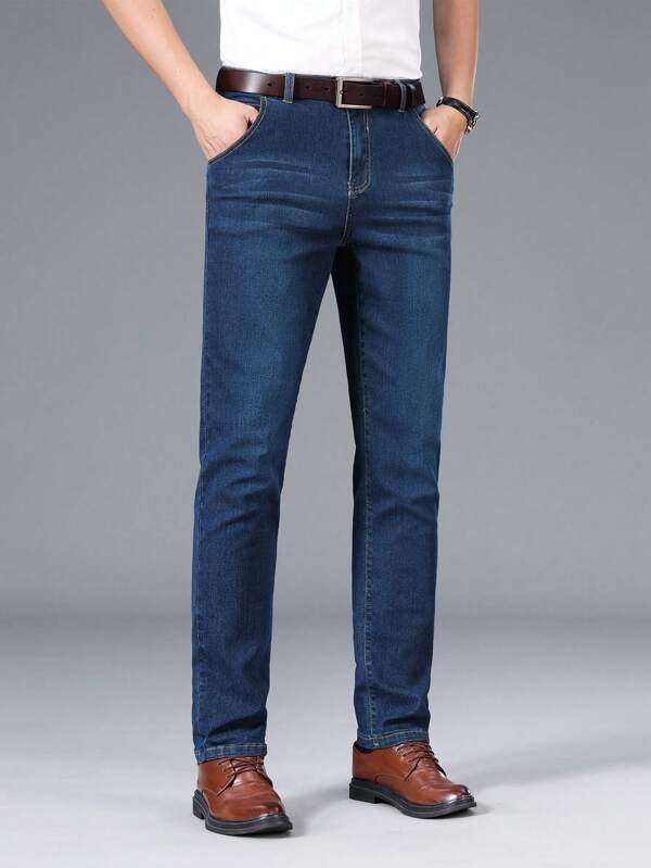 Men Slant Pocket Straight Leg Jeans Without Belt