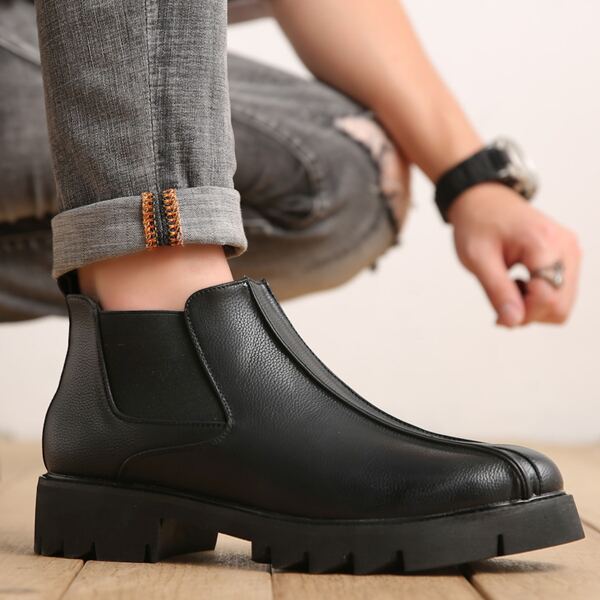 Men's Height Increasing Thick-soled Pu Leather Shoes, Fashion Chelsea Boots, Minimalist Solid Short Boots, Retro Motorcycle Boots, Outdoor Fashion Ankle Boots