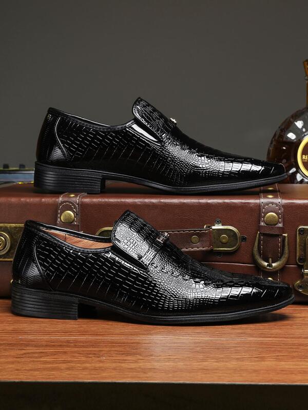 Men Crocodile Embossed Dress Shoes, Business Black Dress Loafers For Work