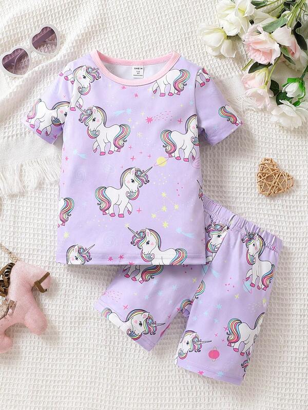 Toddler Girls Unicorn Print Contrast Binding Snug Fit PJ Set