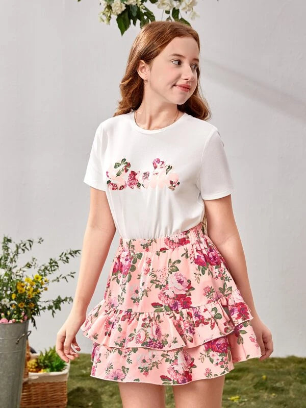 SHEIN Teen Girls Letter & Floral Print Tee and Ruffle Hem Skirt Set