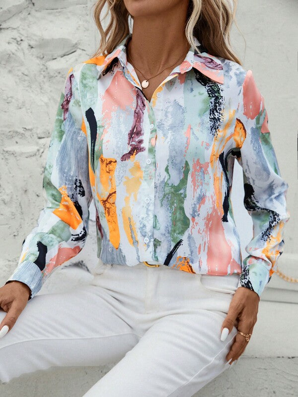 SHEIN LUNE Allover Print Button Front Shirt