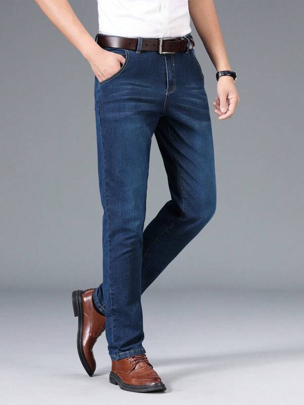 Men Slant Pocket Straight Leg Jeans Without Belt