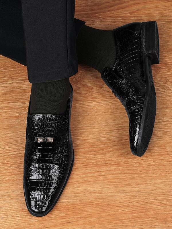 Men Crocodile Embossed Dress Shoes, Business Black Dress Loafers For Work