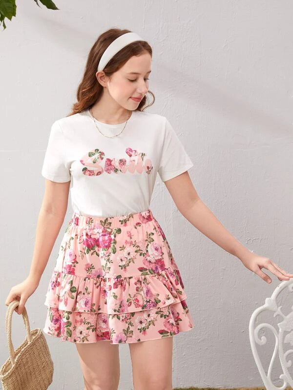 SHEIN Teen Girls Letter & Floral Print Tee and Ruffle Hem Skirt Set