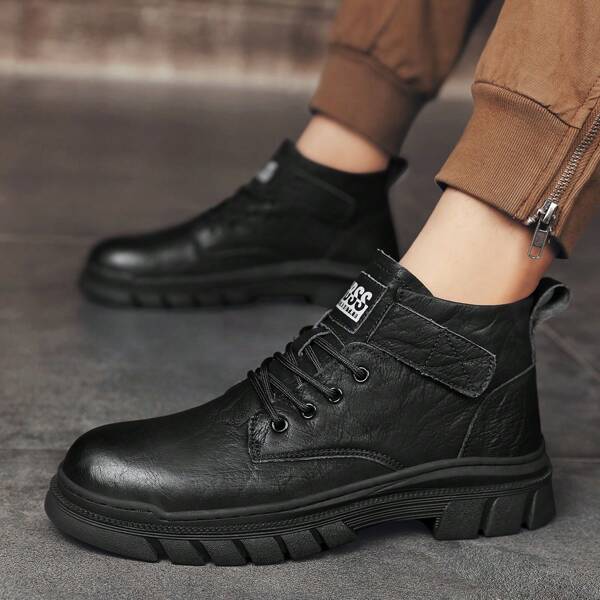 Fashion High Top Men's Boots, Autumn And Winter Pu Leather Black Work Tooling Short Boots, Motorcycle Boots, Outdoor Ankle Boots, Work Shoes