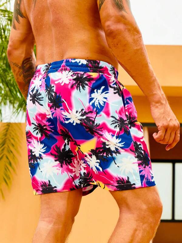 Men Coconut Tree Print Drawstring Waist Swim Trunks