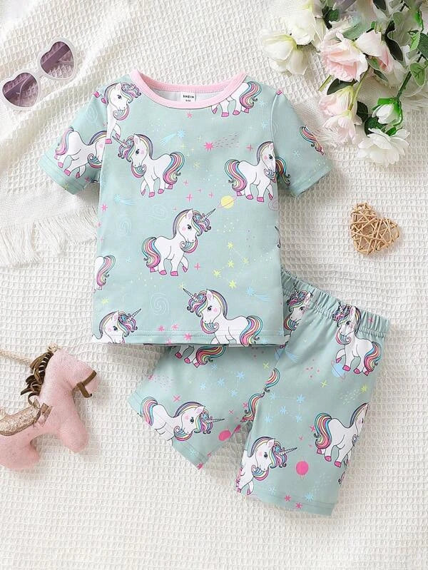 Toddler Girls Unicorn Print Contrast Binding Snug Fit PJ Set