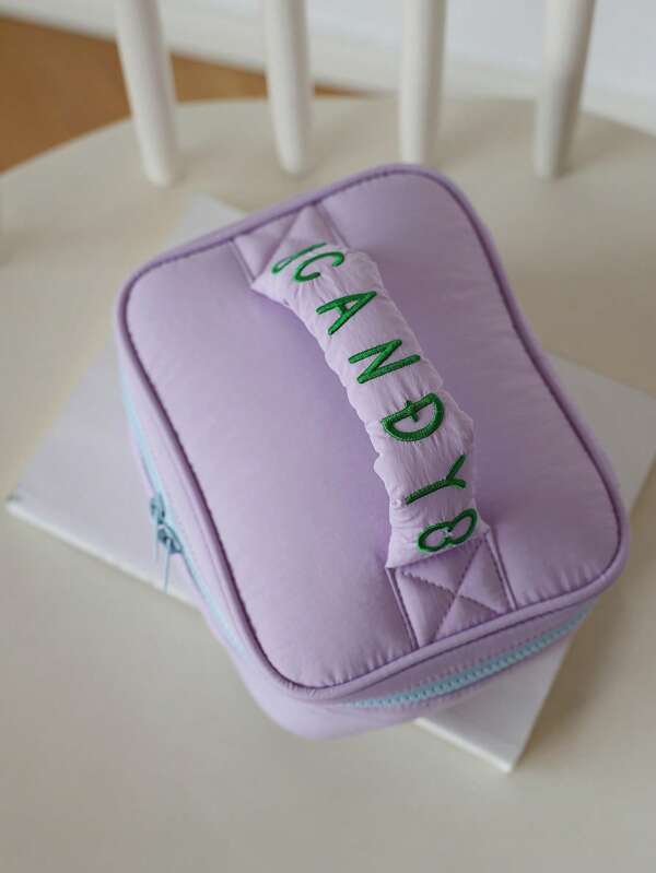 1pc Letter Embroidered Portable Square Makeup Bag