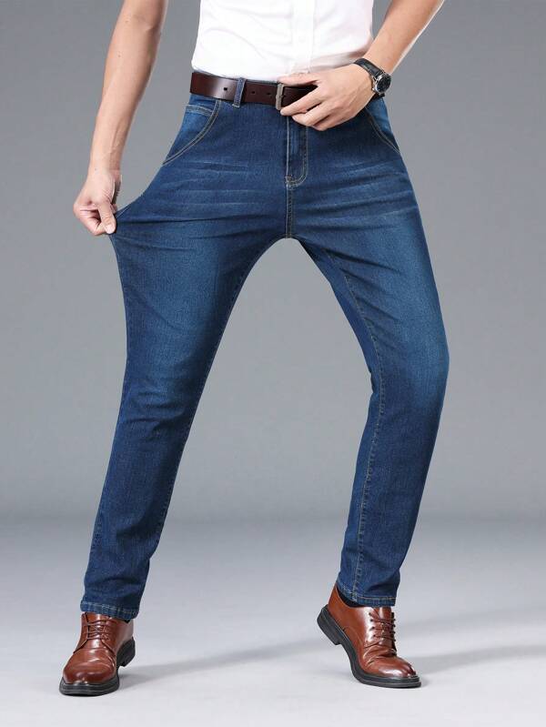 Men Slant Pocket Straight Leg Jeans Without Belt