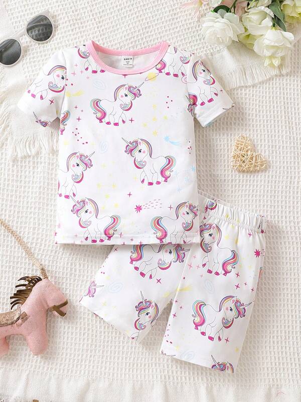 Toddler Girls Unicorn Print Contrast Binding Snug Fit PJ Set