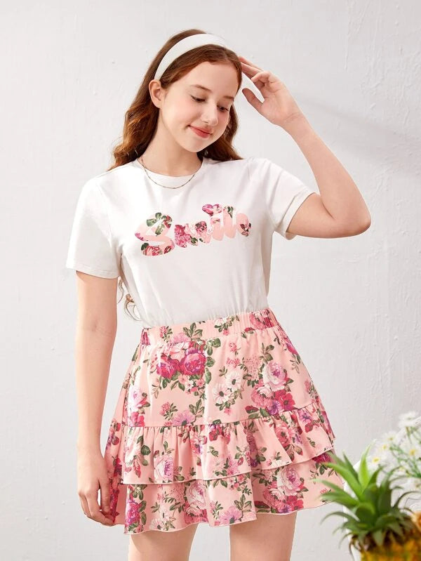 SHEIN Teen Girls Letter & Floral Print Tee and Ruffle Hem Skirt Set