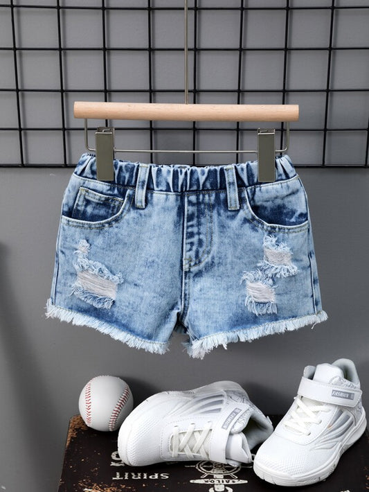 SHEIN Kids EVRYDAY Toddler Girls Ripped Raw Hem Denim Shorts