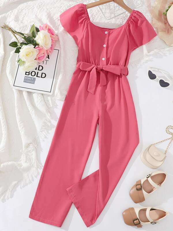 Girls Half Button Belted Jumpsuit